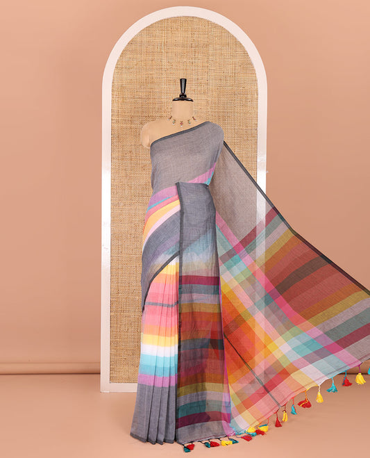 Borderless grey-base multi-color rainbow horizontal striped khadi mul cotton saree, multi-colored checked pallu, and a plain blouse