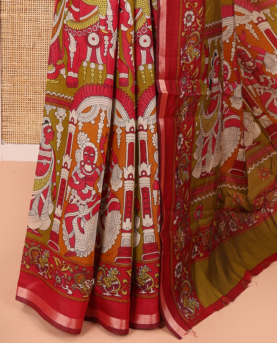 Mehendi green human figurines printed muslin cotton saree, contrast floral-peacock printed border of piping work, kalamkari printed pallu, and a contrast blouse of flower motifs print