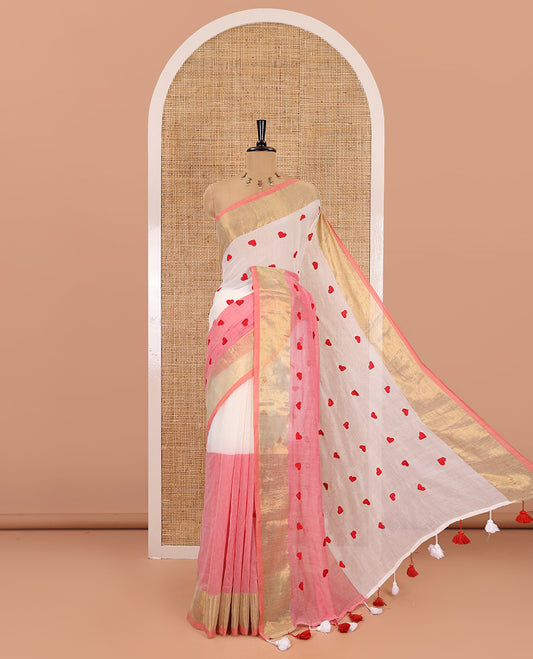 Peach heart motifs, red thread-embroidered half-and-half khadi mul cotton saree, zari border, self-pallu, and a plain blouse