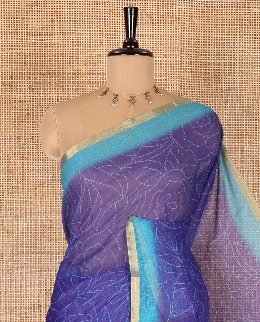 Violet rose floral printed linen cotton saree, contrast piping border, rose floral printed pallu, and a contrast leaf motifs printed blouse