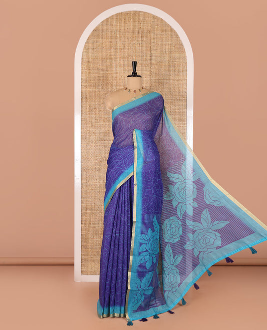 Violet rose floral printed linen cotton saree, contrast piping border, rose floral printed pallu, and a contrast leaf motifs printed blouse