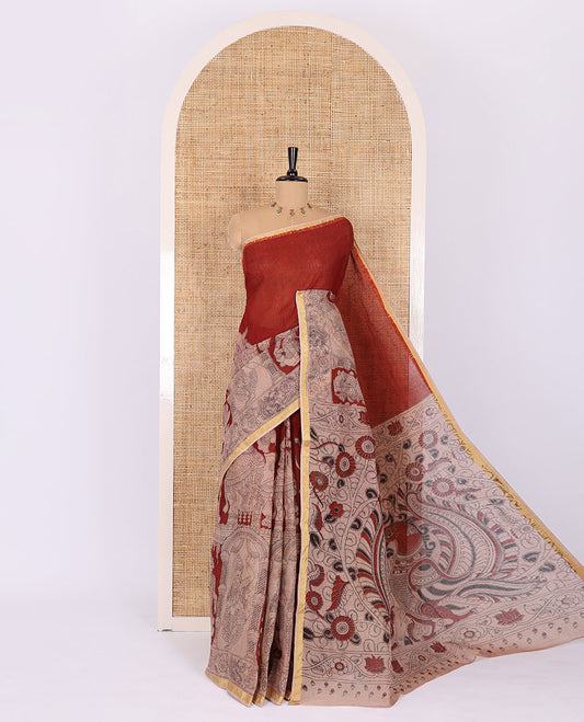 Maroon kalamkari ancient human figurines printed kota cotton saree, zari piping border, kalamkari floral-peacock printed pallu, and a contrast kalamkari printed blouse