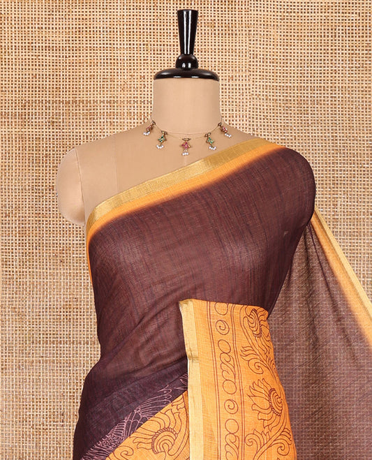 Coffee brown plain with swan motifs printed linen cotton saree, contrast floral creeper printed border, swan motifs printed pallu, and plain blouse
