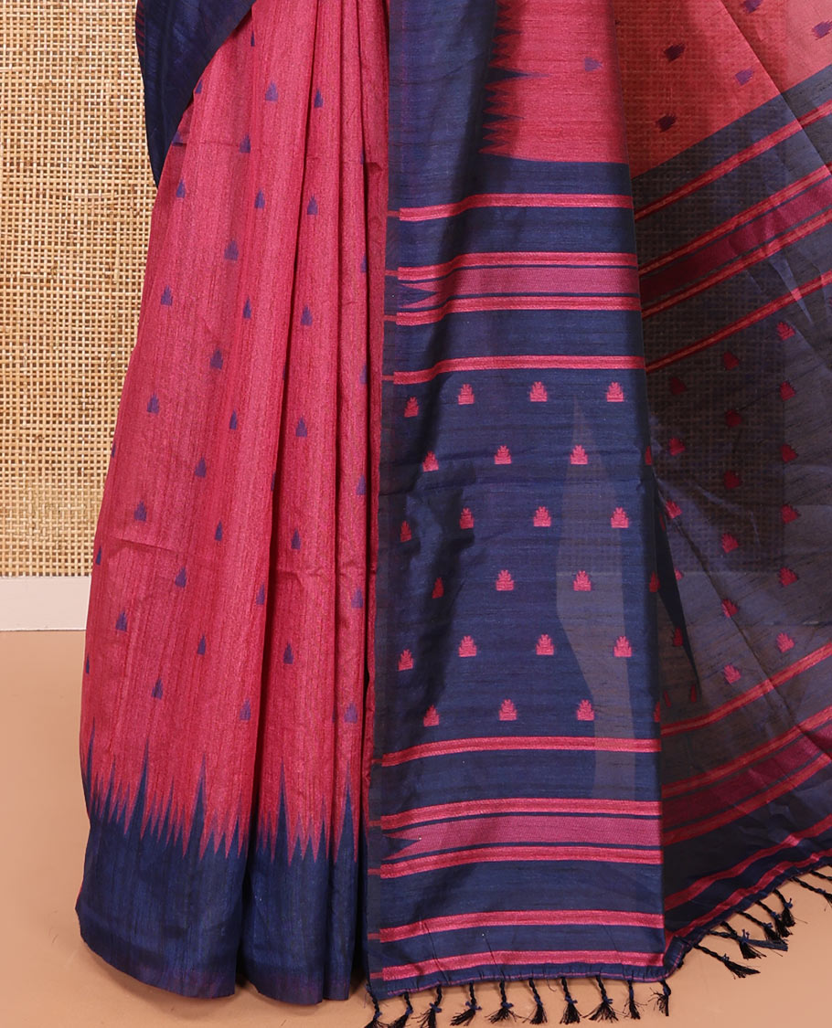 Pink buttas semi-jute saree with contrast temple border, thread striped pallu, and a contrast thread buttas blouse