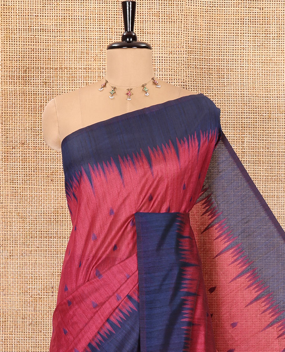 Pink buttas semi-jute saree with contrast temple border, thread striped pallu, and a contrast thread buttas blouse