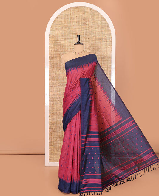 Pink buttas semi-jute saree with contrast temple border, thread striped pallu, and a contrast thread buttas blouse