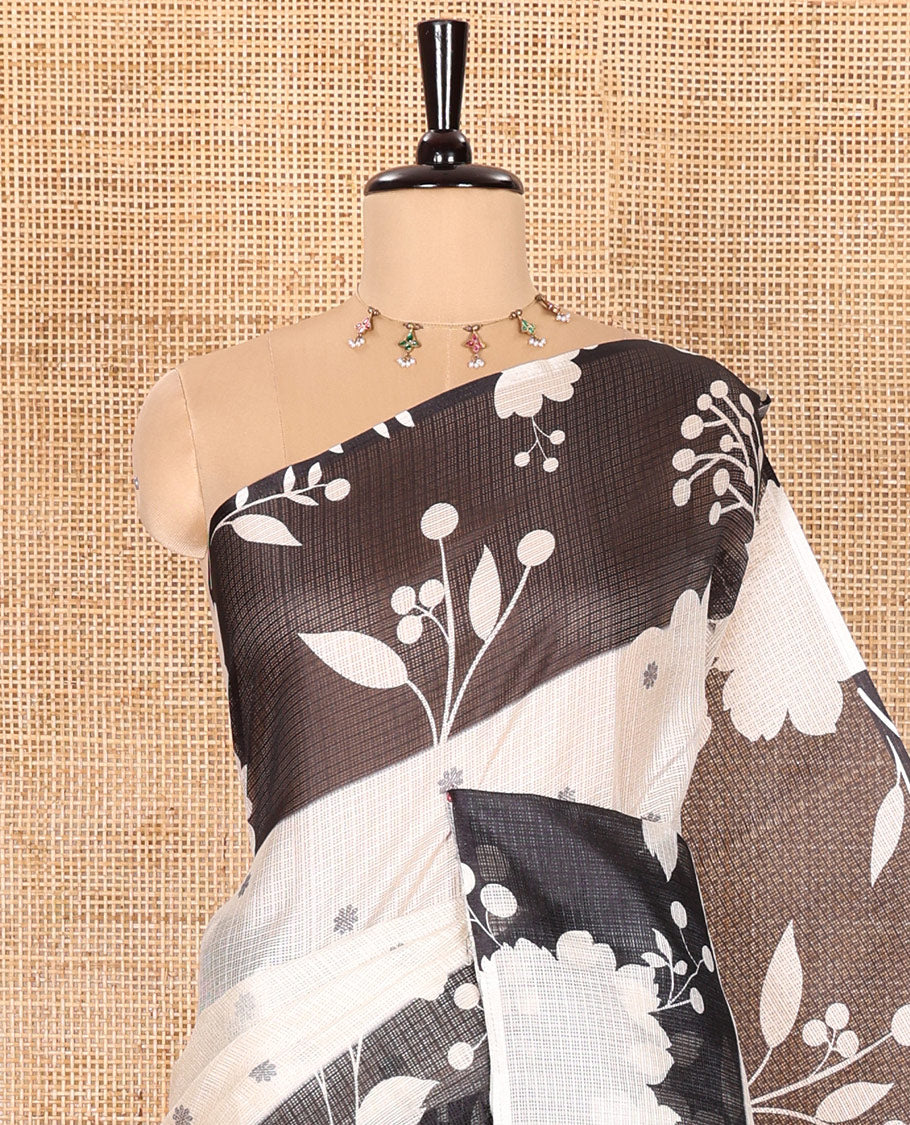 Cream Kota Chex Saree Featuring Floral Motif Prints, Accentuated by a Contrast Border and Pallu with Floral Silhouette Prints, Paired with a Matching Floral-Printed Blouse