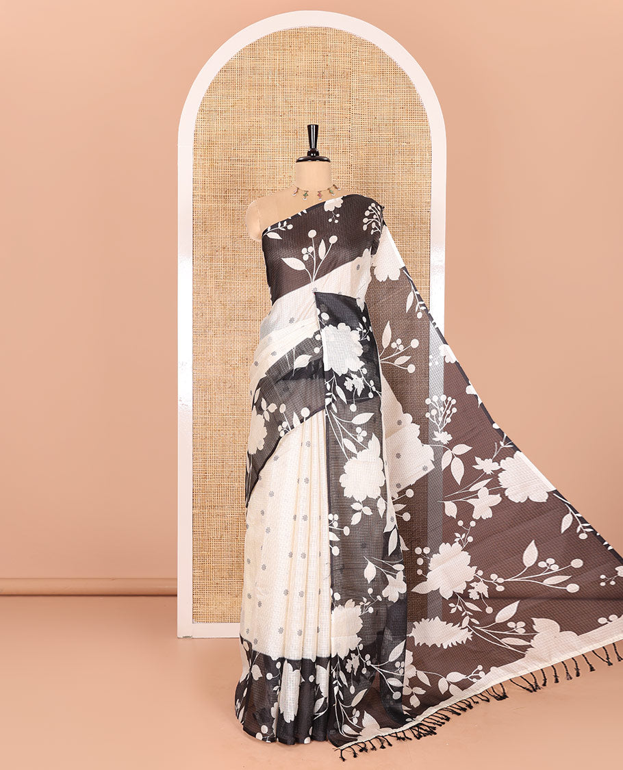 Cream Kota Chex Saree Featuring Floral Motif Prints, Accentuated by a Contrast Border and Pallu with Floral Silhouette Prints, Paired with a Matching Floral-Printed Blouse