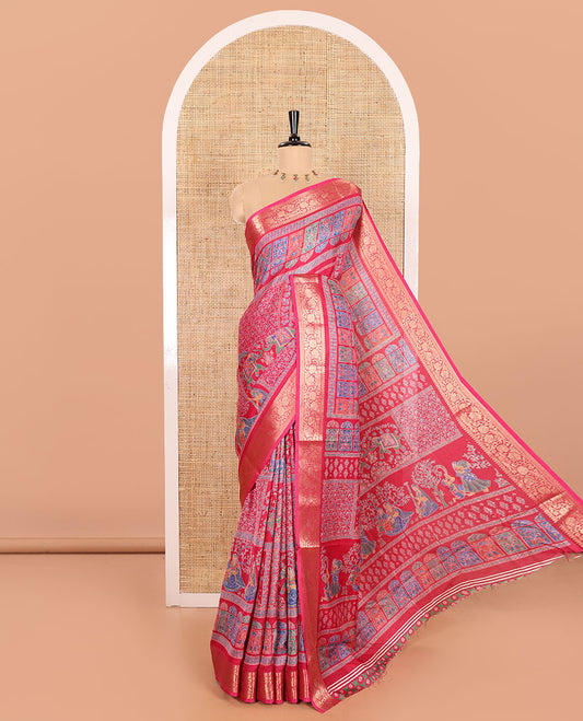 Rani Pink Moss Chiffon Elevated with Kaleidoscopic-Colored Ancient Mughal Theme Position Print, Featuring a Self-Border of Floral Creeper Design, Position-Printed Pallu, and Paired with a Contrast Printed Blouse