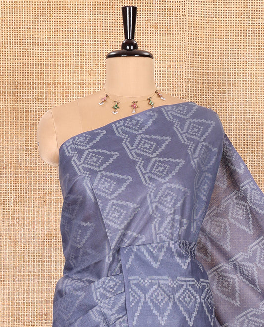 Borderless Grey Bhagalpur Cotton Saree Featuring Intricate Motifs in Resham Thread Weave, Pallu Adorned with Resham Thread Designs and Sequin Stripes, and Paired with a Plain Matching Blouse