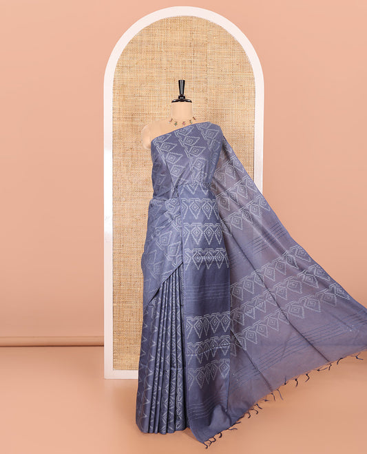 Borderless Grey Bhagalpur Cotton Saree Featuring Intricate Motifs in Resham Thread Weave, Pallu Adorned with Resham Thread Designs and Sequin Stripes, and Paired with a Plain Matching Blouse