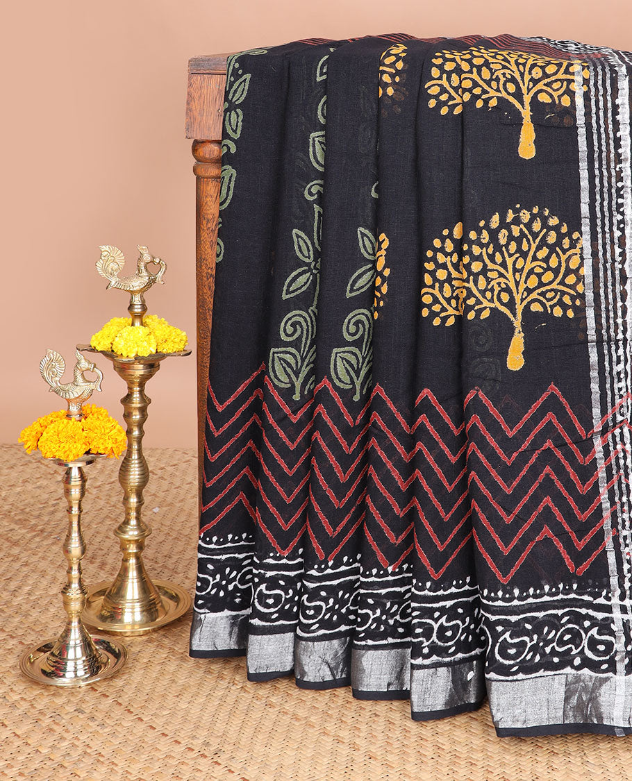 Black hand black printed linen saree with silver border & hand block print pallu along with self blouse