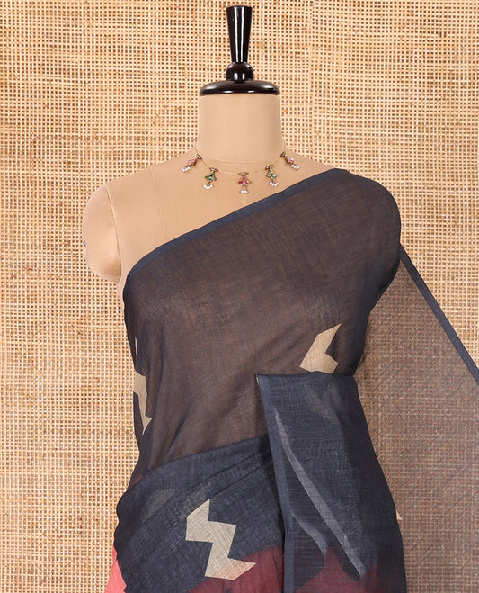 Borderless Pink Linen Cotton Saree, Uniquely Printed with Zig-Zag Geometric Motifs, Pallu Mirrors the Same Motifs, and Paired with a Contrast-Printed Blouse