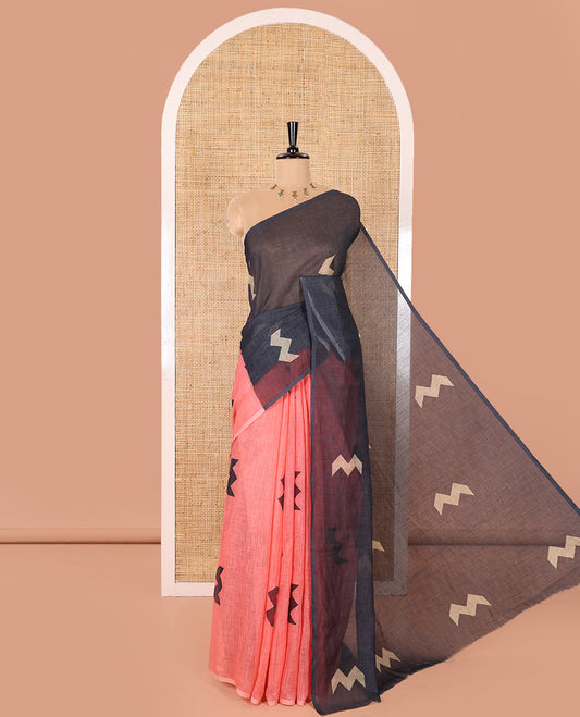 Borderless Pink Linen Cotton Saree, Uniquely Printed with Zig-Zag Geometric Motifs, Pallu Mirrors the Same Motifs, and Paired with a Contrast-Printed Blouse