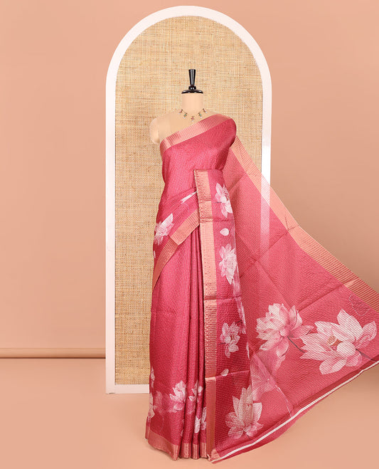 Pink Semi Tussar Featuring Micro-Checks and Elegant Lotus Prints All Over Its Body, a Subtle Border, Pallu Mirrors Lotus Motifs, and Comes with a Matching Blouse