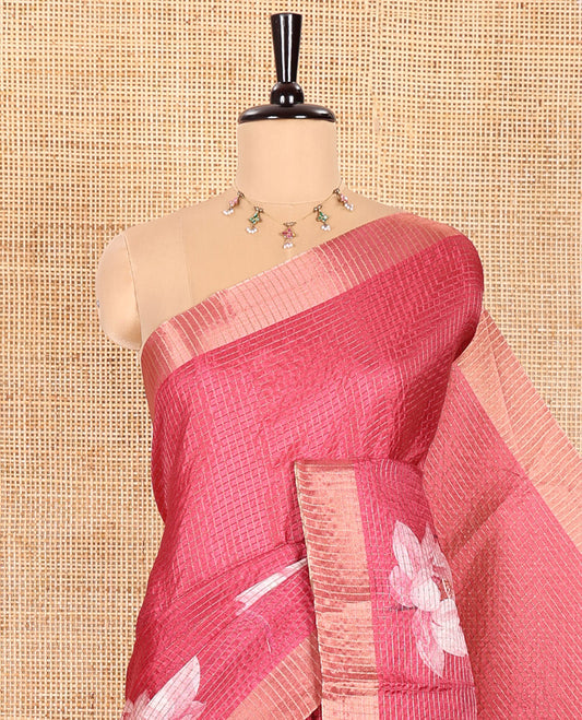 Pink Semi Tussar Featuring Micro-Checks and Elegant Lotus Prints All Over Its Body, a Subtle Border, Pallu Mirrors Lotus Motifs, and Comes with a Matching Blouse