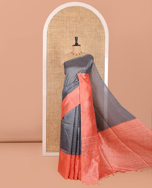 Grey and Orange Semi-Tussar Saree, Beautified with Geometric Patterns Printed All Over Its Body, Complemented by a Captivating Contrast One-Sided Border of Unique Print, and Paired with a Contrast Blouse