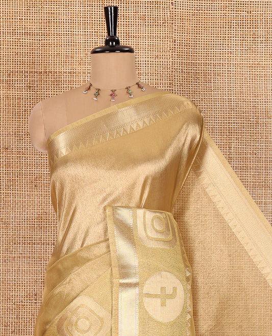 Gold Plain Tissue Saree, Highlighted with a Gleaming Zari Border of Instagram and Facebook Icon Weave, Scintillating Pallu, and Paired with a Contrast Plain Blouse