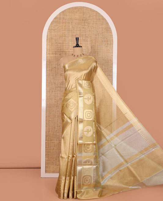Gold Plain Tissue Saree, Highlighted with a Gleaming Zari Border of Instagram and Facebook Icon Weave, Scintillating Pallu, and Paired with a Contrast Plain Blouse