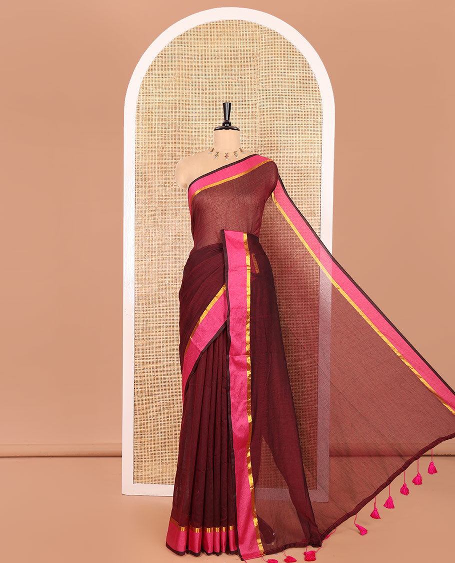 Maroon Plain Khadi Mul Cotton Saree, Complemented by Contrast Zari Striped Border, Plain Pallu, and Paired with a Matching Blouse