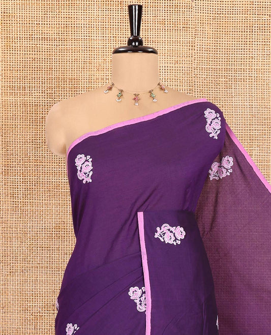 Borderless Dark Violet South Cotton Saree, Adorned with Handblock Printed Motifs All Over Its Body, Paired with a Matching Blouse, and a Contrast Floral Block Printed Blouse