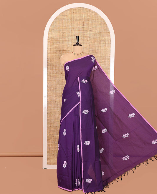 Borderless Dark Violet South Cotton Saree, Adorned with Handblock Printed Motifs All Over Its Body, Paired with a Matching Blouse, and a Contrast Floral Block Printed Blouse