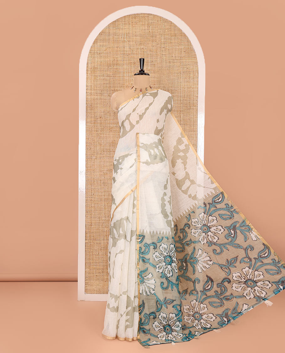 Cream Linen Saree, Bedecked with Abstract-Style Print on Its Body, Subtle Piping Border, Captivating Pallu of Floral Vine Print, and Paired with a Contrast Floral Printed Blouse