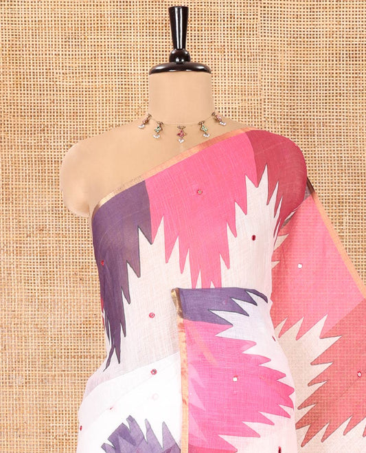 White-Base Linen Cotton Saree, Enthralled with Mirror Work All Over Its Body, Complemented by a Contrast Multi-Colored Temple Printed Border, Pallu of Temple Print, and Paired with a Contrast Vertical Stripes Printed Blouse