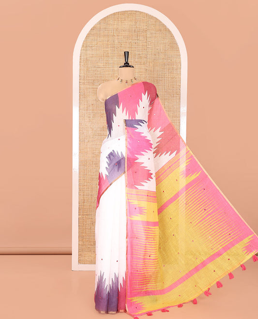 White-Base Linen Cotton Saree, Enthralled with Mirror Work All Over Its Body, Complemented by a Contrast Multi-Colored Temple Printed Border, Pallu of Temple Print, and Paired with a Contrast Vertical Stripes Printed Blouse