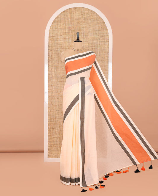 Cream Plain Khadi Mul Cotton Saree, Complemented by Contrast Orange Border, Self-Pallu, and Paired with a Matching Blouse