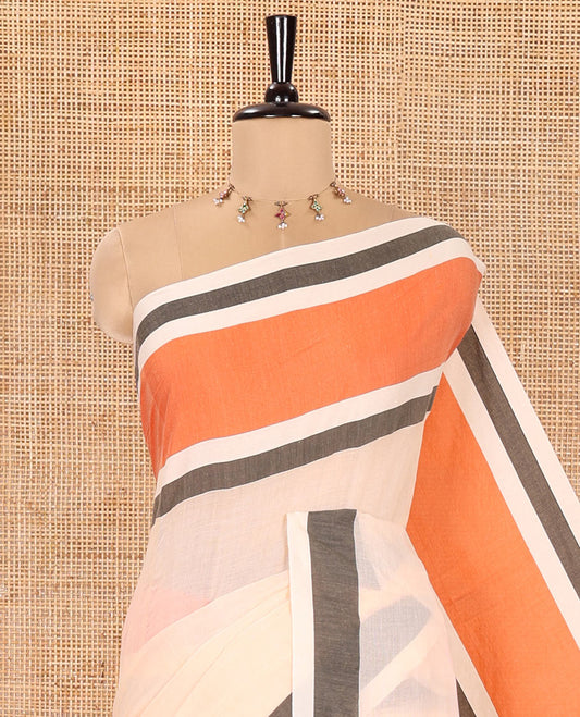 Cream Plain Khadi Mul Cotton Saree, Complemented by Contrast Orange Border, Self-Pallu, and Paired with a Matching Blouse