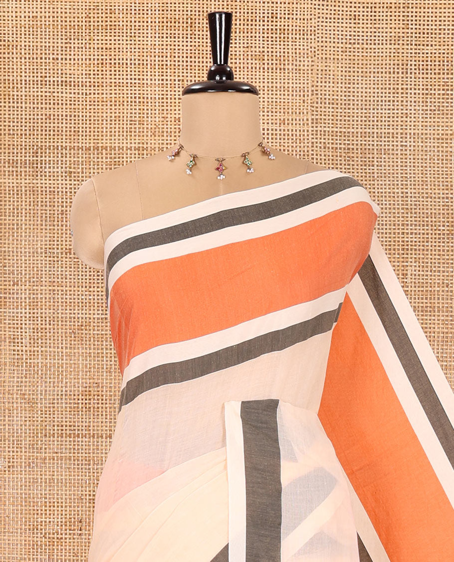 Cream Plain Khadi Mul Cotton Saree, Complemented by Contrast Orange Border, Self-Pallu, and Paired with a Matching Blouse