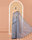 Navy Blue Linen Cotton Saree, Beautiful Decked Up with Checks and Floral Motifs Printed All Over Its Body, Subtle Piping Border, Pallu Mirrors the Same Design, and Paired with a Printed Blouse