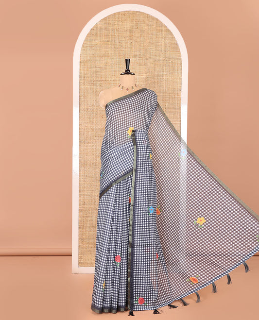 Navy Blue Linen Cotton Saree, Beautiful Decked Up with Checks and Floral Motifs Printed All Over Its Body, Subtle Piping Border, Pallu Mirrors the Same Design, and Paired with a Printed Blouse