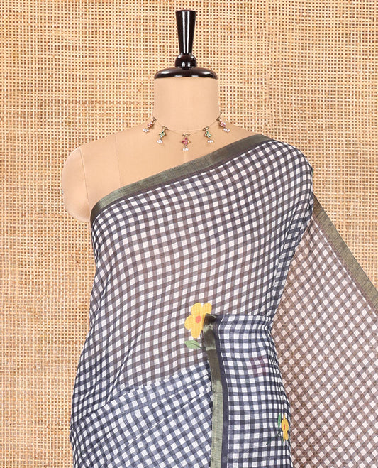 Navy Blue Linen Cotton Saree, Beautiful Decked Up with Checks and Floral Motifs Printed All Over Its Body, Subtle Piping Border, Pallu Mirrors the Same Design, and Paired with a Printed Blouse