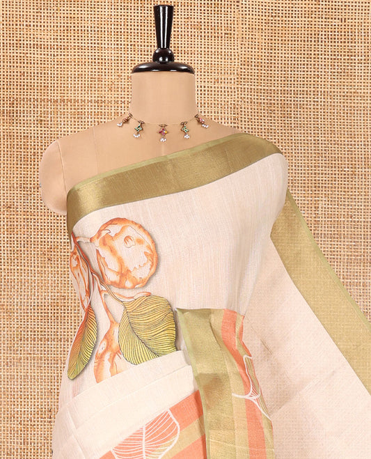 Gold and Green Tissue Saree, Enthralled with Leaf Motifs Printed on Its Body, Complemented by a Contrast Border of Leaf Motifs, Pallu of Leaf Motifs Print, and Paired with a Contrast Blouse