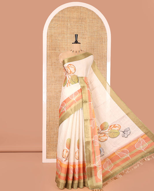 Gold and Green Tissue Saree, Enthralled with Leaf Motifs Printed on Its Body, Complemented by a Contrast Border of Leaf Motifs, Pallu of Leaf Motifs Print, and Paired with a Contrast Blouse