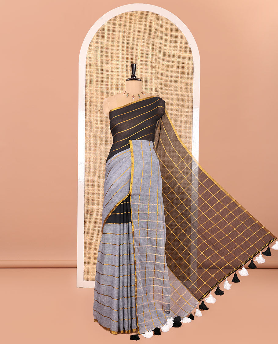 Grey and Black Khadi Mul Cotton Saree, Elevated with Horizontal Zari Stripes on Its Body, Zari Piping Border, Subtly Striped Pallu, and Paired with a Contrast Blouse