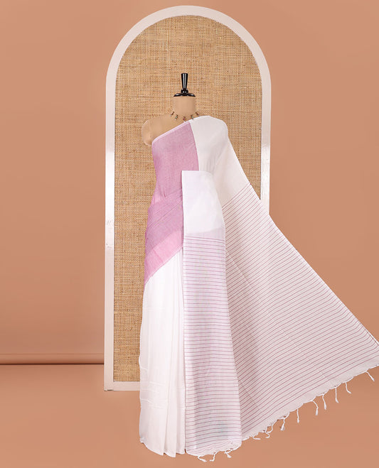 Borderless White and Purple Plain Khadi Mul Cotton Saree, Self-Pallu Steeped with Stripes, and Paired with a Plain Blouse