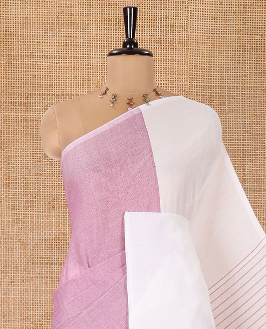 Borderless White and Purple Plain Khadi Mul Cotton Saree, Self-Pallu Steeped with Stripes, and Paired with a Plain Blouse