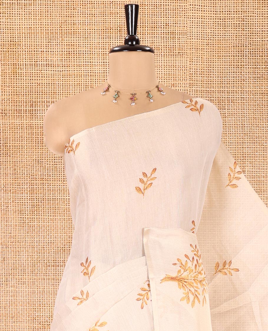 Cream Tissue Saree, Entralled with Leaf Motifs Printed On Its Body, Self-Border, Floral Printed Pallu, and Paired with a Printed Blouse