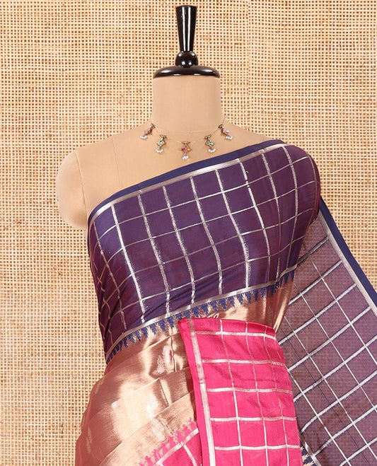 Scintillating Gold Tissue Saree, Subtly Sparkled with Buttas, Complemented by a Contrast Ganga-Jamuna Zari Checked Temple Border, Sparsely Woven Pallu, and Paired with a Matching Blouse