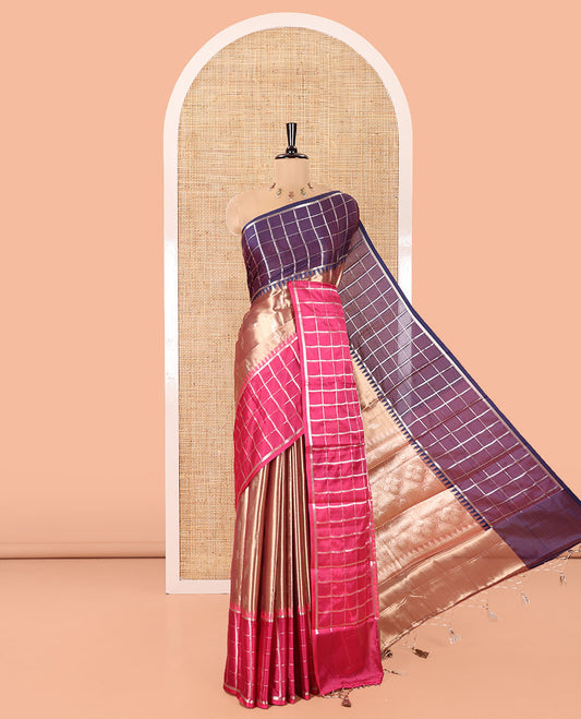 Scintillating Gold Tissue Saree, Subtly Sparkled with Buttas, Complemented by a Contrast Ganga-Jamuna Zari Checked Temple Border, Sparsely Woven Pallu, and Paired with a Matching Blouse