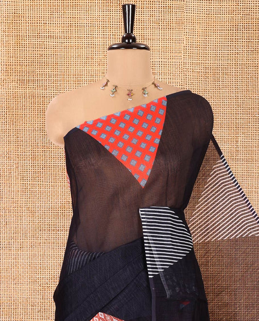Black Plain Linen Cotton Saree, Complemented by a Contrast-Colored Triangle on Its Border, Kaleidoscopic-Color Patchwork Pallu, and Paired with a Contrast Blouse