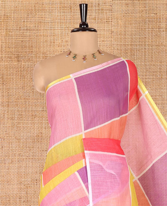 Borderless Multi-color Linen Cotton Saree, Adorned with Big Colorful Solid Checks On Its Body, Self-Pallu of Tassels, and Paired with a Contrast Plain Blouse