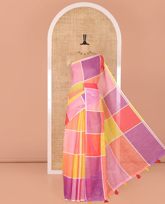 Borderless Multi-color Linen Cotton Saree, Adorned with Big Colorful Solid Checks On Its Body, Self-Pallu of Tassels, and Paired with a Contrast Plain Blouse