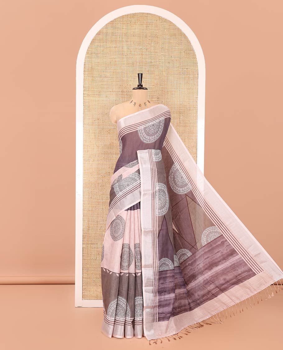 Chikku and Green Linen Cotton Saree, Delicately Printed With Rangoli Circle Motifs Printed On Its Body, Complemented by Contrast Border, Abstract Printed Pallu, and Paired with a Contrast Printed Blouse