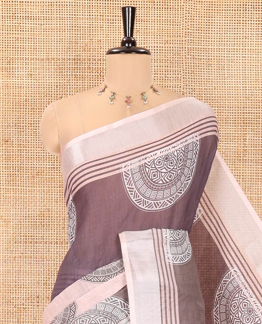 Chikku and Green Linen Cotton Saree, Delicately Printed With Rangoli Circle Motifs Printed On Its Body, Complemented by Contrast Border, Abstract Printed Pallu, and Paired with a Contrast Printed Blouse