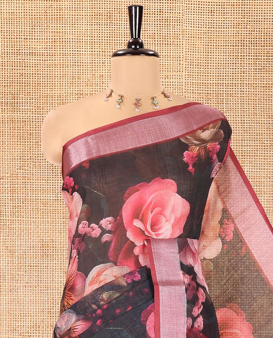 Black Linen Cotton Saree, Mesmerized with Floral Motifs Printed All Over Its Body, Complemented by a Contrast Zari Bavanji Border, Floral Printed Pallu, and Paired with a Contrast Blouse