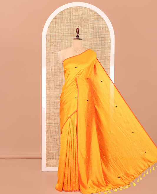 Borderless Mustard Vichitra Silk Saree, Gleamed Up with Sequin Work on Its Body, Highlighted by a Self-Pallu of Sequin Work, and Paired with a Matching Blouse